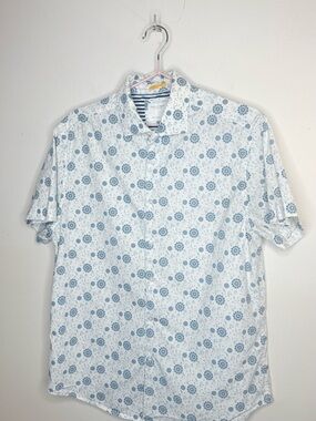 Cactus White Short-Sleeve Button-Down with Light Blue Floral Pattern